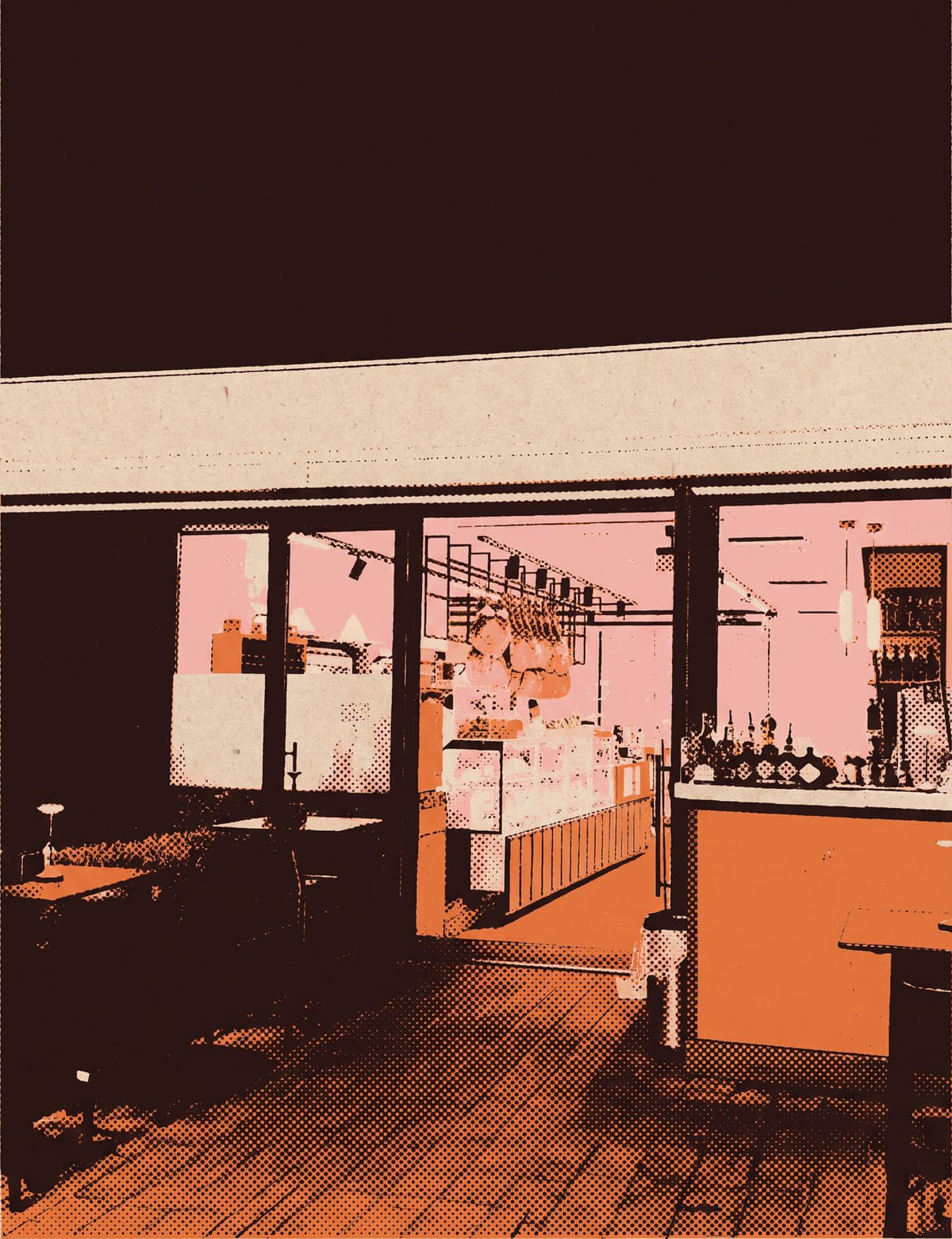 Serigrafia dello stesso locale visto dalla soglia: il banco della gastronomia sulla sinistra, i salumi appesi sopra, il bancone del bar con le bottiglie sulla destra